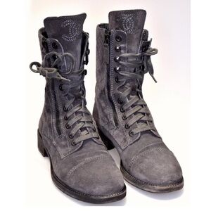 Chanel 2014 Interlocking CC Logo Grey Combat Boots Size 37